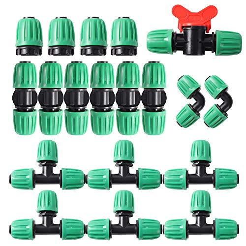 FULAIERGD 19-Teiliges Bewässerungsarmaturen-Kit für 1/2 'Tropfschläuche - 6 T-Stücke, 6 Kupplungen, 4 Enden, 2 Winkelstücke, 1 Schaltventile - Steckverbinder mit Widerhaken