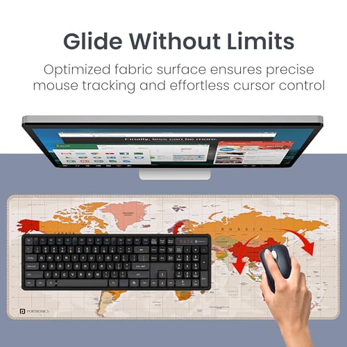 Image of Portronics Comfipad Atlas World Map Desk Mat 80x30cm Extended Mouse Pad with Anti-Slip Rubber Base, Stitched Edges, Smooth Fabric Surface, Waterproof, Rollable Desk Pad for Office, Gaming, Beige