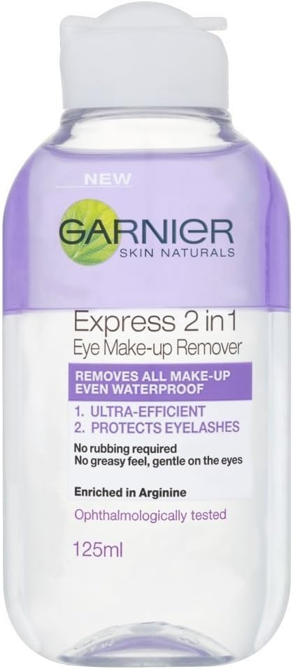 Garnier Skin Active 2in1 Eye Make Up Remover 125ml, Suitable For Waterproof Makeup, Gentle On Eyes & Eyelashes, Use With Reusable Micellar Eco Pads