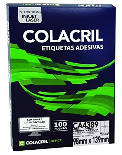 Etiqueta Adesiva A4, 98 mm x 139 mm, 100 Folhas, Colacril, CA4389, Branco, pacote de 400