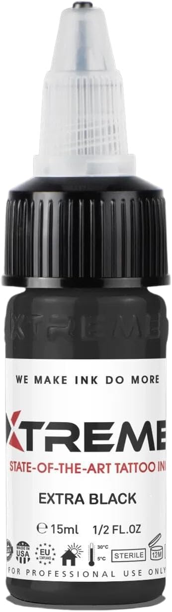 Xtreme Tattoo Ink, Versatile Medium Viscosity for Precision Tattooing, Rich Hue, Quick Healing, Acrylic-Free, Water Based and Premium Quality, Ready-to-Use Tattoo Ink (Extra Black, 0.5 oz)
