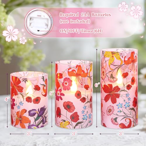 Image of Pink Glass Flameless Candles with Remote Boho Wildflower Flickering LED Pillar Candle Real Wax Battery Operated Candle Summer Decor for Home Party Valentine's Day Romantic Night, 3 Pack
