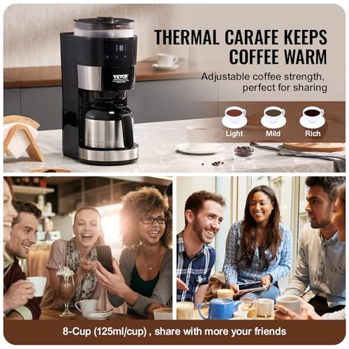 Image of VEVOR Coffee Maker with Grinder, 8 Cup Programmable Coffee Machine, Grind and Brew Coffee Maker with 3 Brew Strength Control, Reusable Filter, Removable Water Tank, for Home Office Restaurant