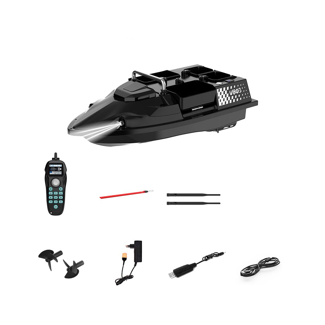 Kidaromo V803 GPS RC Bait Boat with LED Lights, High-Speed Fishing Bait Boat, 500M Range, 4 Bait Hoppers, Auto Return, Dual Antenna, 4 Fishing Zones & 200 Waypoints, Remote Contro Carp Fishing Boats