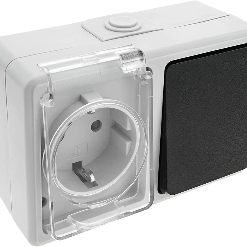 Base schuko estanca con interruptor, impermeable, fácil instalación, perfecta para exteriores, ideal para proteger conexiones eléctricas.