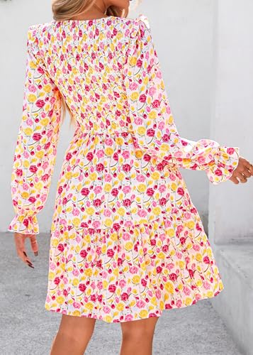 Image of KIRUNDO Long Sleeve Dress for Women 2025 Summer Fall Wedding Guest Smocked Floral Crewneck Ruffle A Line Flowy Mini Dress