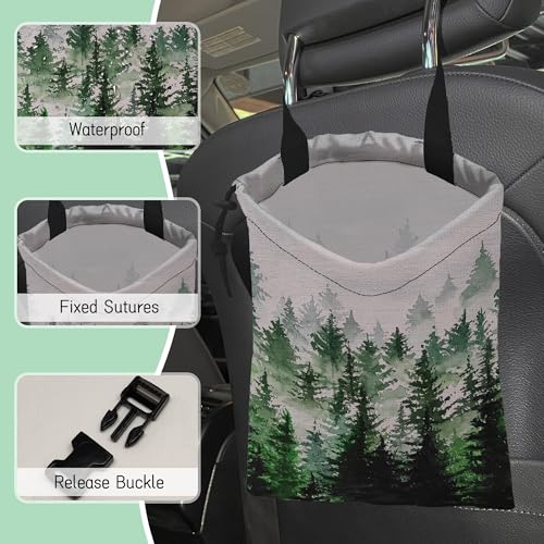 Image of Foggy Forest Car Garbage Bag,Waterproof Small Car Trash Bag Hanging Back of Seat,Drawstring Hanging Car Trash Bag with Adjustable Buckle for Car Accessories