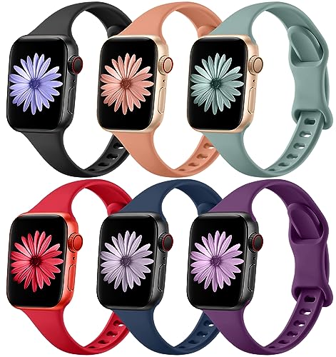 Lerobo Thin Band Compatible with Apple Watch Series 9, 8, 7, 6, 5, 4, 3, 2, 1 - Waterproof Silicone Replacement Bands for iWatch Bands - Unisex - 6 Pack with