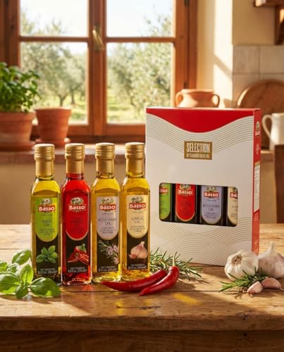 BASSO 1904 - Infused Extra Virgin Olive Oil Gift Box Set, First Cold Pressed, Variety Pack, 4 bottles x 8.5 fl.oz (250ml), Naturally Infused for Dipping & Tasting