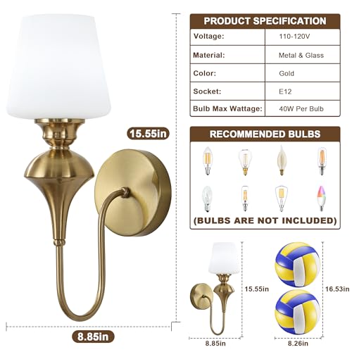 Image of LASENCHOO Modern Gold Wall Sconce, 1-Pack Antique Brass Wall Light Fixtures with Glass Shade, Vintage Sconces Wall Lighting Single Wall Mounted Lamp for Bedroom Living Room Bathroom Vanity Light