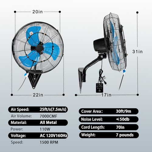 Image of AZOUTDOOR 20 inch Misting Wall Mount Fan, 7000 CFM High Velocity Industrial Wall Fan with 3-Speed Setting, 120 Oscillating Mounted Fans for Warehouse, Warehouse, Workshop, Garage, Patios, Commercial Use