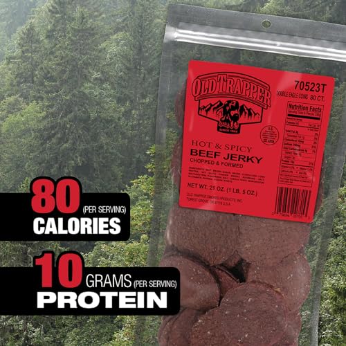 Image of Old Trapper Double Eagle Beef Jerky, Hot & Spicy Flavor, 21 Ounce Package, Natural Wood Smoked Meat Snacks, 10 Grams of Protein and 80 Calories per Serving (Pack of One)
