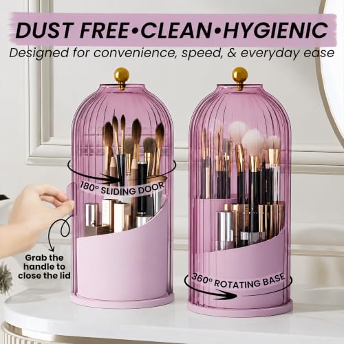 Image of OCEANEVO Cosmetic Makeup Brush Holder with Makeup Sponge, Dustproof Makeup Brush Organiser Stand with 360 Rotatable Lid - 12.5 x 27 Cm - Purple - 1 Year Warranty