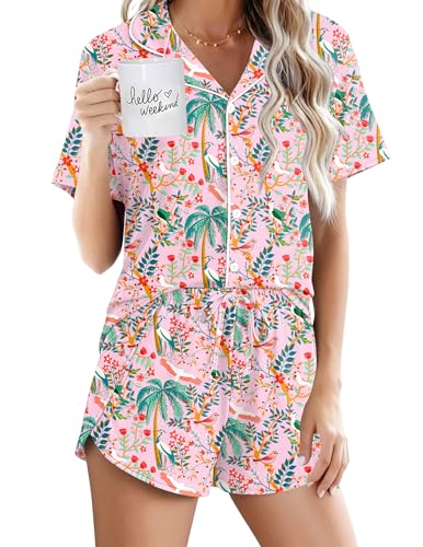 Image of Ekouaer Pajamas for Women Set Button Up Sleepwear 2 Piece Pjs Lounge Set Short Sleeve Nightwear