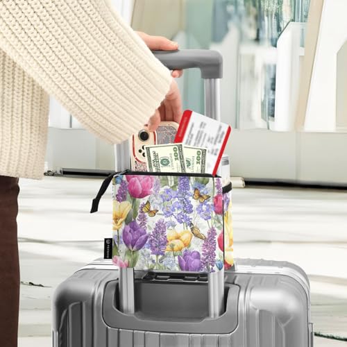 Image of Luggage Cup Holder for Suitcases Free Hands Suitcase Cup Holder Travel Luggage Drink Holder Portable Luggage Cup Caddy Bag Carrier with Handle Tulips Lavenders Purple Butterfly