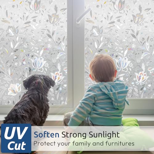 rabbitgoo Window Privacy Film, Decorative Stained Glass Window Film, Sun Blocking Glass Clings, Renter-Friendly Static Cling Frosted Sticker Covering for Home Door, Rainbow Tulip 35.4" x 78.7"