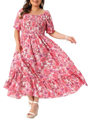 Image of Agnes Orinda Plus Size Dress for Women Short Sleeve Shirred Square Neck Floral Maxi Long Dresses