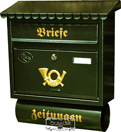 Preisvergleich Produktbild BTV Briefkasten, Premium-Qualität aus Stahl, verzinkt, pulverbeschichtet Flachdach F grün dunkelgrün moosgrün mit Katalogeinwurf und Zeitungsrolle