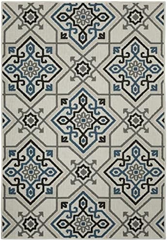 Oriental Weavers Torrey Indoor/Outdoor Rug - 004Y1-7'10" x 10' - in Light Grey/Blue - Eclectic Global Style, Water, Stain and Fade Resistant, Hose Clean, Patio, Outdoor Living Area Rug