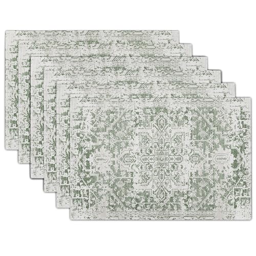 Image of Gray Sage Green Boho Placemats Set of 6 Ethnic Bohemian Carpet Place Mats Washable Kitchen Dining Vintage Grey Geography Floral Linen Table Mats Stain Heat-Resistant for Home Party Indoor 12x18 in