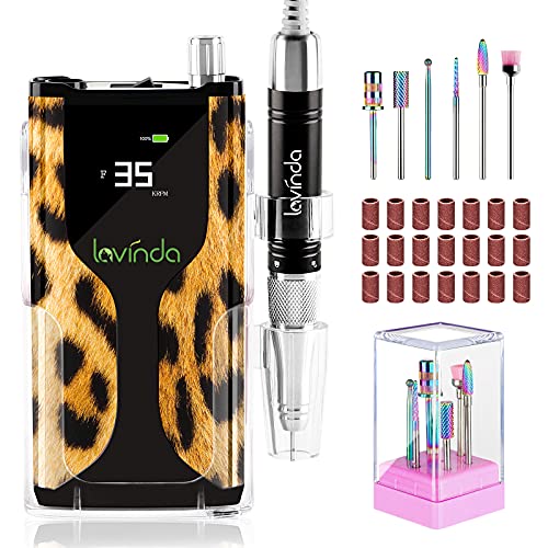 Professional Nail Drill Machine, Lavinda portable 35000RPM Electric nail drill Cordless Rechargeable Efile, Powerful Brushless Motor Electric Nail File for Acrylic Nails with Carrying Case, Leopard