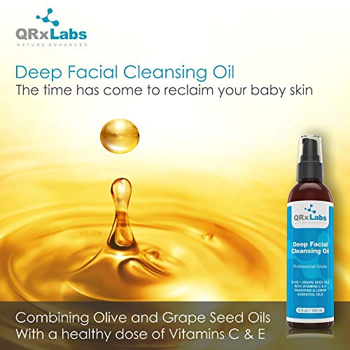 Deep Facial Cleansing Oil With Olive And Grape Seed Oils, Tangerine & Lemon Essential Oils, Boosted With Vitamins C & E - Best Cleanser For Dry Skin - Makeup Remover & Face Wash - 6 Fl Oz #TOP1
