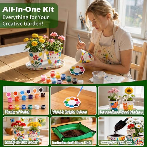 Hysagtek Blumentopf zum Bemalen - Malen und Pflanzen Set mit 4 Töpfen, Pflanzset Bemalen DIY Enthält Pinsel, Farben, Pflanzwerkzeuge, Kreatives Geschenk für Geburtstag Muttertag