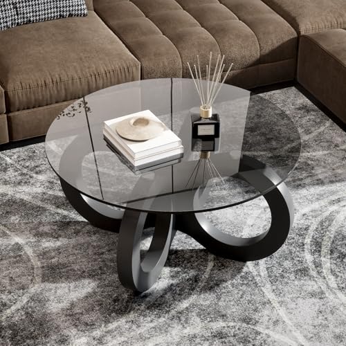 Table basse ronde en verre moderne avec structure incurvée, verre trempé + plaque dense, table de salon pour petites pièces, bureau, chambre à coucher,...