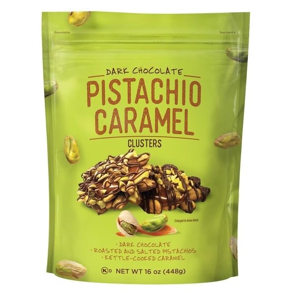 Pistachio Clusters, Dark Chocolate; Roasted & Salted Pistachios; Kettle-Cooked Caramel. [ 16 oz, 1 lb ]