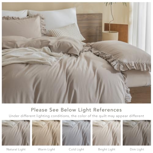 Image of QSH Washed Cotton Queen Duvet Cover Set Ruffle Duvet Cover Linen Textured Farmhouse Shabby Vintage Chic Bedding Comforter Cover 3 PCs Aesthetic French Country Queen Bed Set