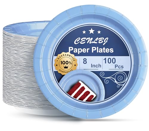 CENLBJ 8Inch Light Blue Paper Plates 400GSM100 CountHeavy-Duty Disposable Party Dessert Plates for Birthday Baby Shower Wedding
