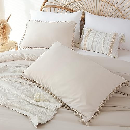 YIRDDEO Queen Comforter Set - Comforter Queen Size Sets with Ball Pom Fringe, Soft Bedding Set for All Seasons - 3 Pieces, 1 Comforter (90"x90") & 2 Pillow Shams (20"x26"), Beige