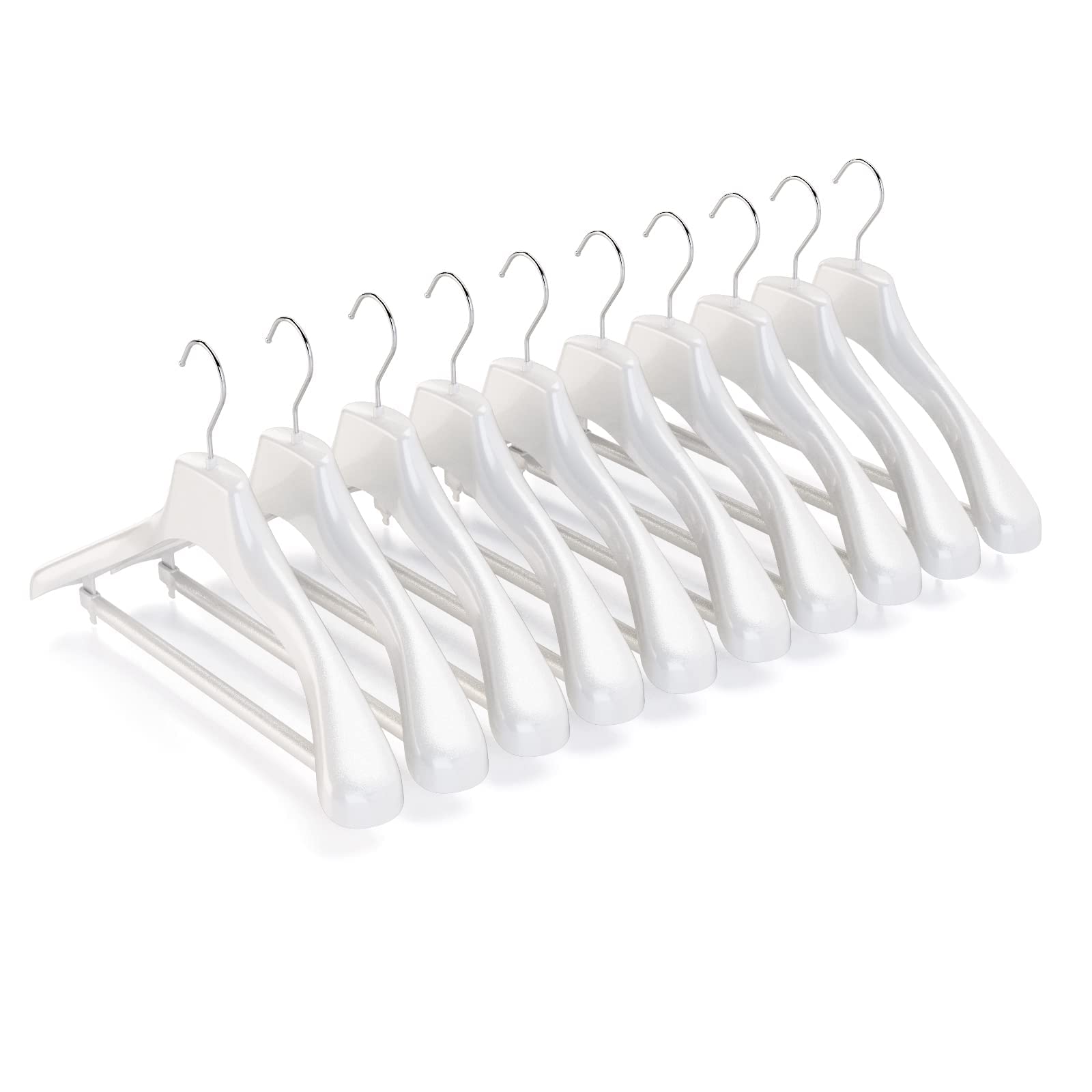 Mainetti Appendini per Capispalla, Cappotti, Abiti Pesanti, Grucce in Plastica, Resistenti, con Barra Porta Pantaloni, Made in Italy, Set di 10 Pezzi, Bianco Lucido con Gancio Zincato, Taglia 45cm