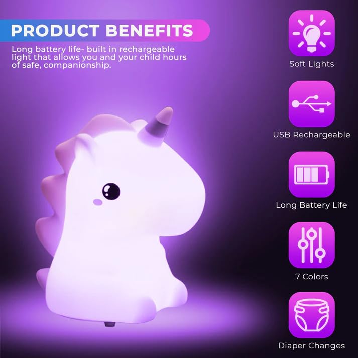 Image of XERGY Cute Unicorn Silicone Night Light - USB Rechargeable, 7 Color Changing, LED Lamp with Tap Control & Timer for Kids, Bedroom, Gifts & Home Decor