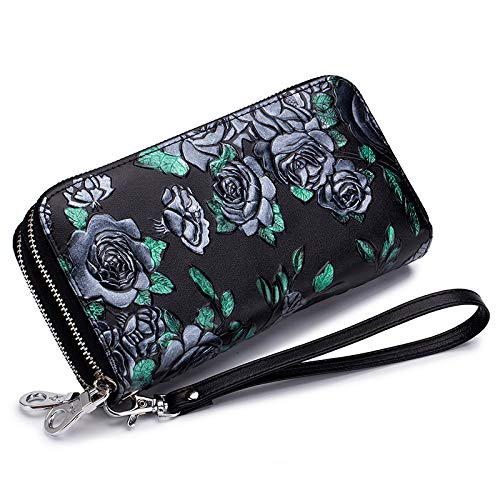 GOIACII Women's Wallet Large Capacity Double Zip Ladies Card Phone Holder RFID Blocking Wristlet Leather, A08 Midnight Roses, Vintage