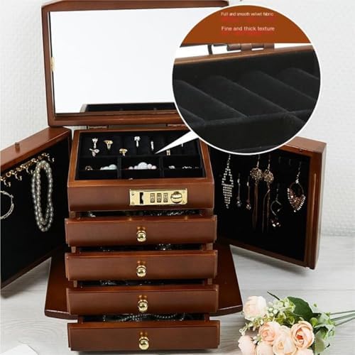 Miniatura 5 de Solid Wood Jewelry Box with Lock - Large Capacity Multifunctional Storage Display Box for Wedding & Birthday, Retro Design, Lid Included (26 * 19 *