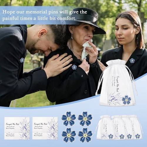 Image of 20 Pcs Bulk Memorial Pins for Funeral Guests - Flower Brooches with Poem Cards & Forget-Me-Not Design | Celebration of Life Favors, Sympathy Remembrance Gifts