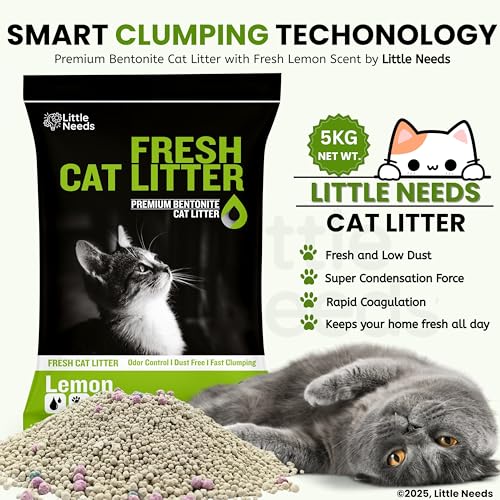 Image of Premium Bentonite Cat Litter Sand - 5Kg with Lemon Fragrance for Cats and Kittens | Clean Low-dust Strong Deodorant Litter Tray Refill with Odour Controlling and Instant Clumping