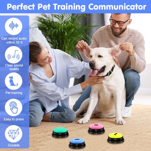 vsshe Buzzer mit Aufnahmefunktion, Haustier Talking Training Antwort Buzzer, 4 Farben Buzzers Aufnahmefähige Tasten für Hund Interaktion, 30 Sekunden Aufnahme&Wiedergabe Intelligenzspielzeug für Hunde