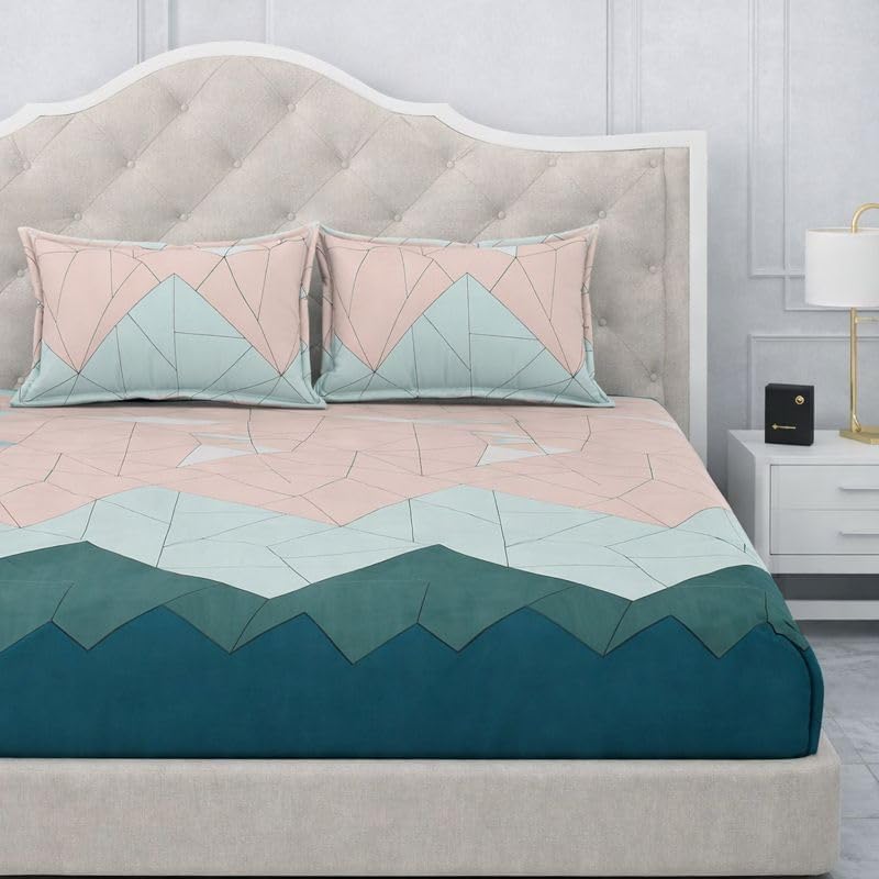 Image of 300 TC Cotton Feel Glace Cotton Elastic Fitted Bedsheet for King Size Double Bed | Fits up to 8 Inch Mattress | Printed Bedsheet with 2 Pillow Covers (Pastel Green, Double Size - 72 inchx72 inch)