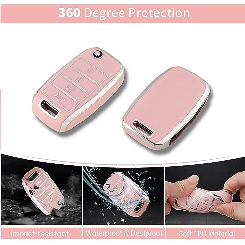 Image of Pangpai Pink Key Fob Cover for Kia, Soft TPU Key Case Protection with Bling Keychain Fit for Kia Sedona Rio Optima Soul Sportage Sorento Carens Flip Key