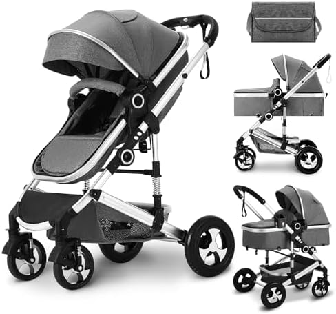 Kinder King 2 in 1 Convertible Baby Stroller, Folding High Landscape Infant Carriage, Newborn Reversible Pram, Diaper Bag, Anti-Shock Toddler Pushchair Stroller, Dark Grey