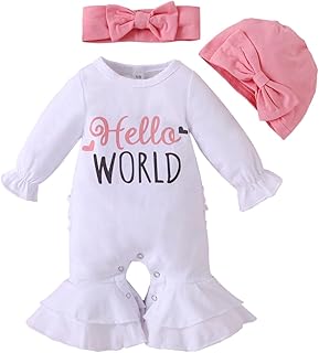 HEOXIN Conjuntos Ropa para Bebés Niña, Ropa Bebé Ruffle Manga Larga Body Bebe Recién Nacido Sombrero y Diadema con Estampa...