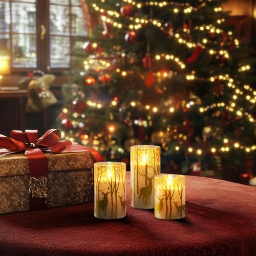 Image of Homemory Christmas Flickering Flameless Candles with Remote Timer, Gold Deer Battery Operated Candles, Glass Real Wax LED Pillar Candles for Home Holiday Decor, Set of 3