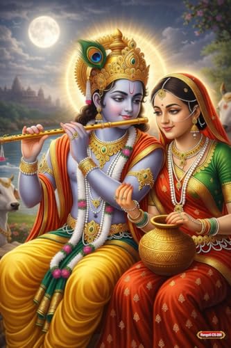 Image of Rangoli Radha Krishna Self Adhesive Poster 12x18 Inch | Hindu God Wall Sticker Poster for Home Temple Pooja Room Living Room Bedroom Decor | Spiritual Devotional Wall Art