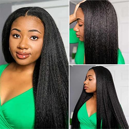 Image of Lace Closure Wig Human Hair Kinky Stairght Hair 4x4 Lace Frontal Kinkystraight Wigs Pre-Plucked 180% Density 30 inch