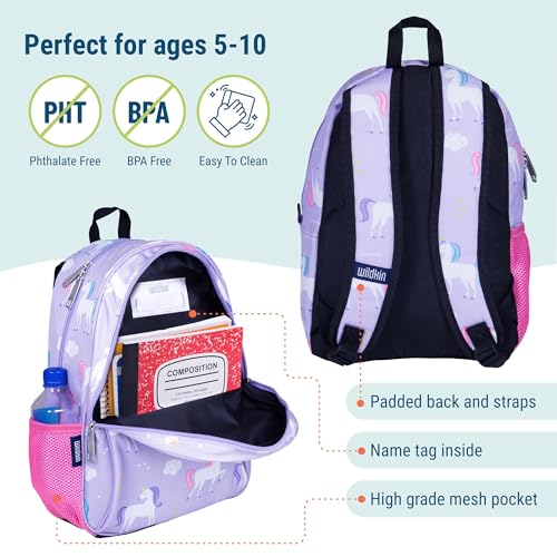 Image of Wildkin 15 Inch Backpack for Kids, Unicorn | Ages 5-10, padded straps, side water bottle pocket - coordinates with matching Wildkin lunch boxes and water bottles