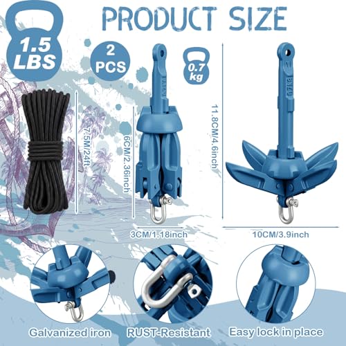 Image of Lounsweer 2 Pack 1.5 /3.5 lb Marine Kayak Anchor Kit Folding Grapnel Anchor Kit Boat Kayak Fishing Accessories for Small Boats Kayaks Canoe Paddle Boards