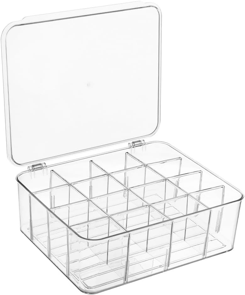 16-Cell Tie Organizer Box, Clear Tie Rack Organizer, Stackable Tie Display Rack with Lid, Drawer Closet Storage Bin for Ties Socks Bras Underwear