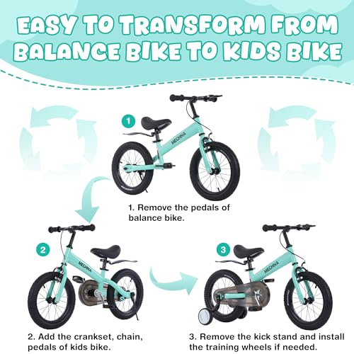Image of MEGHNA 2 in 1 Toddler Balance Bike 14 inch Wheel Kids Bike Aged 3-7 Years Old with Footrest Detachable Training Wheels Caliper and Coaster Brake Strider Bike for Boys Girls, Easy to Assembly